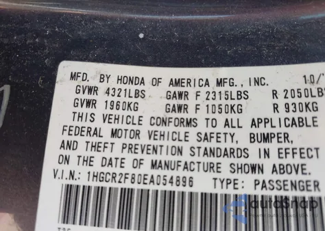 2014 Honda Accord Ex-L from USA, damaged, VIN 1HGCR2F80EA054896